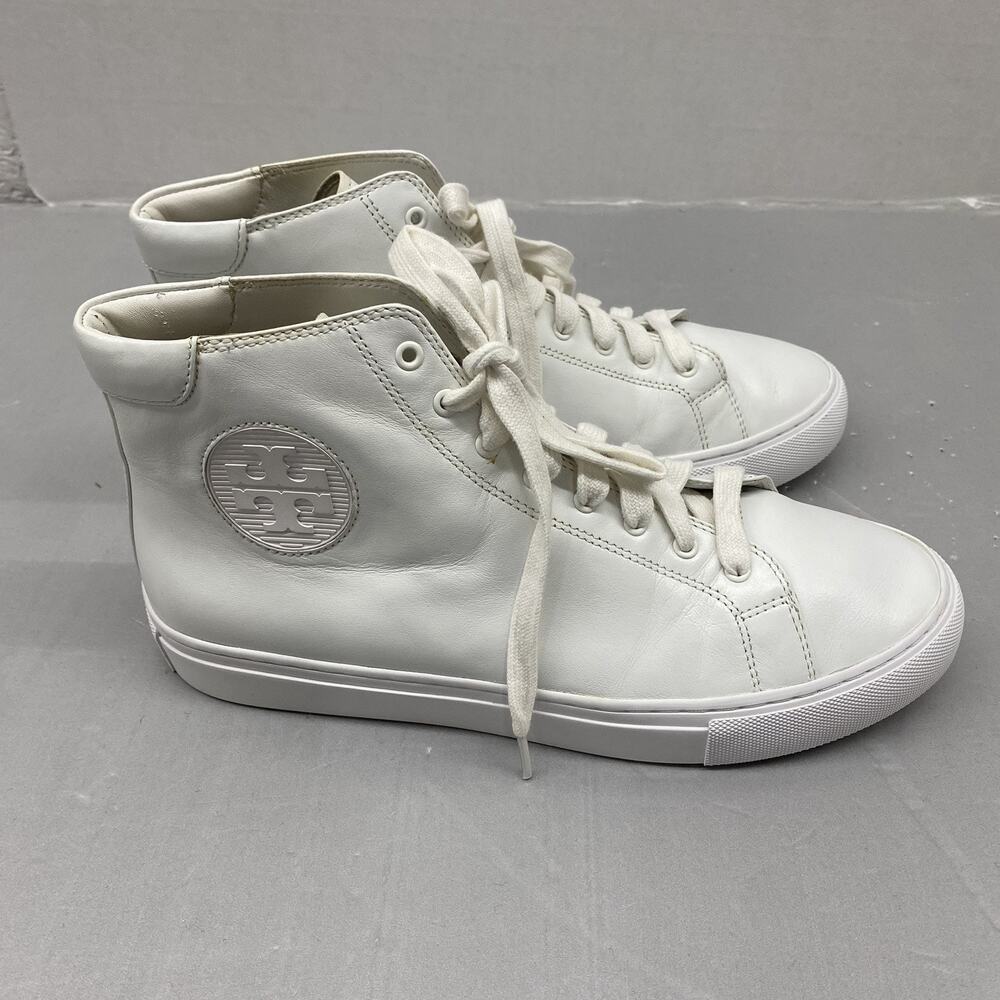 Tory Burch Nola High Top Sneakers Womens 8.5 White Leather Double T Logo 32702